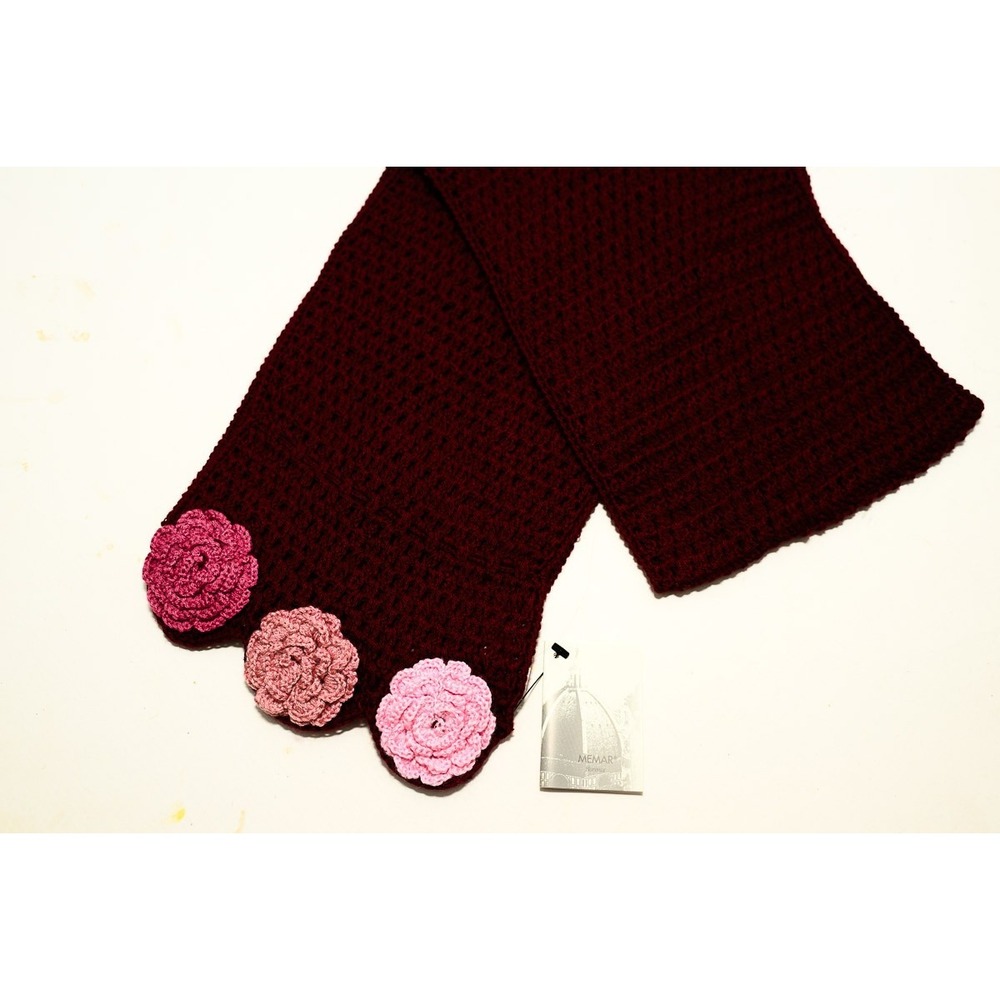 Memar Florence dark red rectangle scarf crochet flower details 7.5" X 50"
